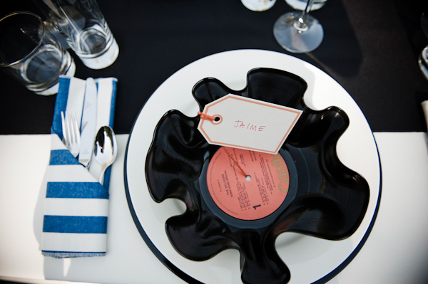 place setting with a homemade record bowl and blue striped napkins - music inspired DIY wedding - photos by top Orange County, CA wedding photographers Viera Photographics